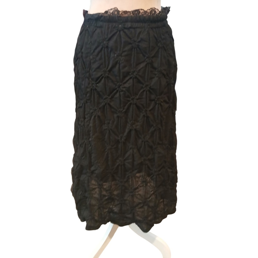 Black Silk Blend Size Large Skirt Ruched Midi Skirt Lace Waist Modest Textured